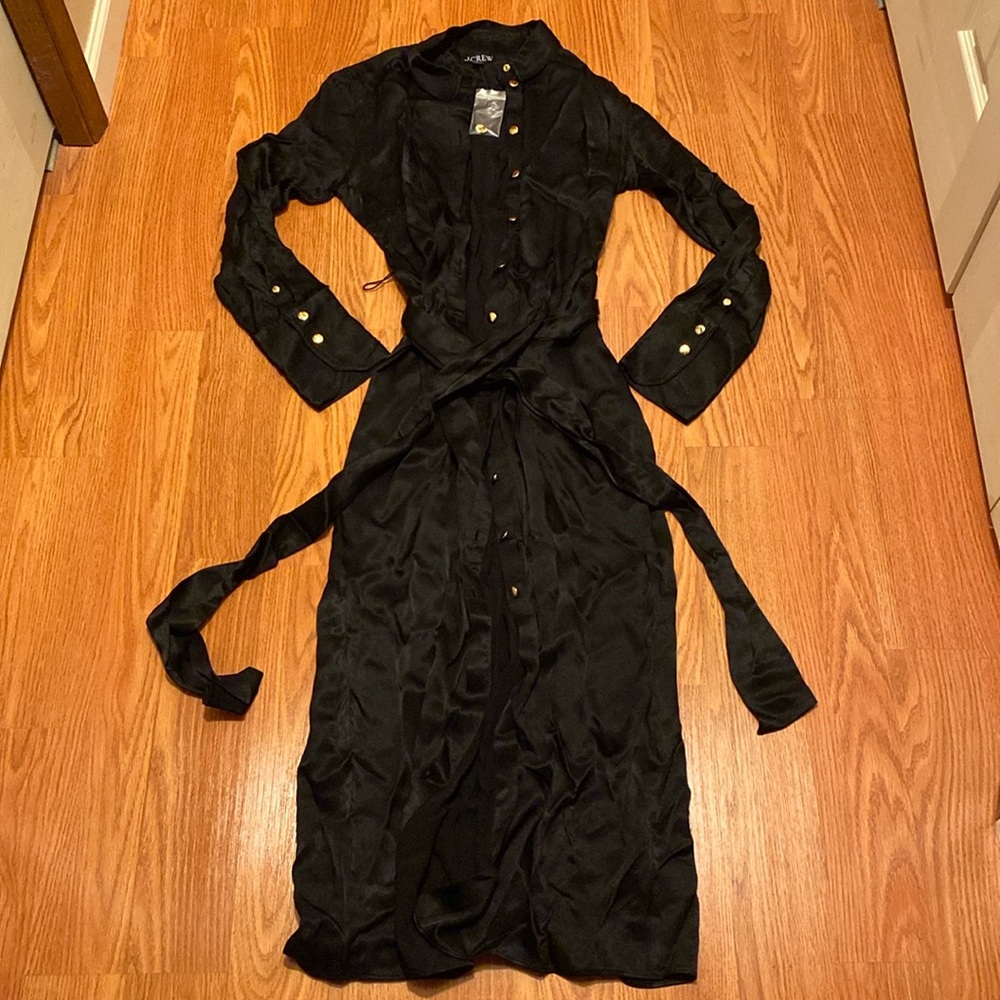 J. Crew Black Satin Dress w/ Belt & Gold Buttons in NWOT!